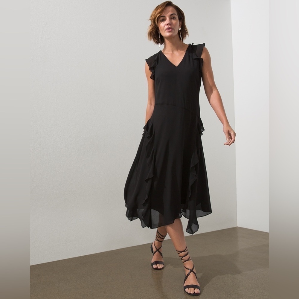 Chico’s Black Flutter Sleeve Ruffle Layered Chiffon Midi Dress Size 0 US 4